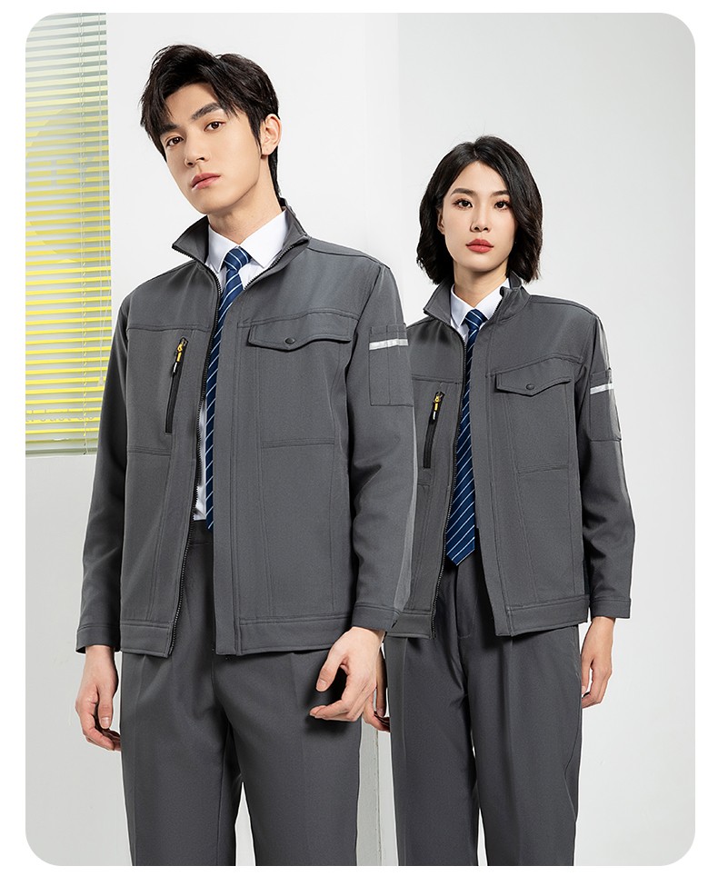 YJ-6509  立領(lǐng)工作服春秋男純色拉鏈款套裝工廠車間汽修機(jī)修服勞保服定制(圖22)